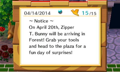 ~ Notice ~ On April 20th, Zipper T. Bunny will be arriving in Forest!