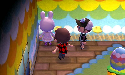 The Easter bunny faces the wall.