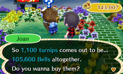 Joan: So 1,100 turnips comes out to be... 105,600 bells altogether. Do you wanna buy them?