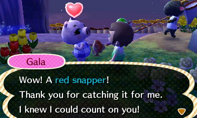 Gala: Wow! A red snapper! Thank you for catching it for me. I knew I could count on you!