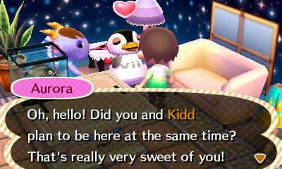 Aurora: Oh, hello! Did you and Kidd plan to be here at the same time? That's really very sweet of you!
