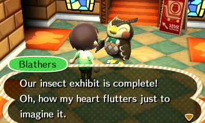 Blathers: Our insect exhibit is complete! Oh, how my heart flutters just to imagine it.