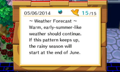 ~ Weather Forecast ~ Warm, early-summer-like weather should continue. If this pattern keeps up, the rainy season will start at the end of June.