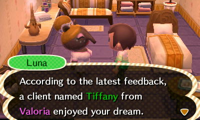 Luna: According to the latest feedback, a client named Tiffany from Valoria enjoyed your dream.