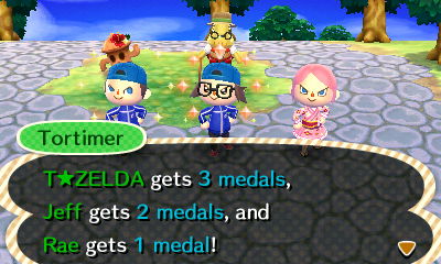Tortimer: T Zelda gets 3 medals, Jeff gets 2 medals, and Rae gets 1 medal!