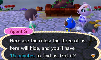 Agent S: Here are the rules: the three of us here will hide, and you'll have 15 minutes to find us. Got it?