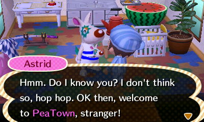 Astrid: Hmmm. Do I know you? I don't think so, hop hop. OK then, welcome to PeaTown, stranger!