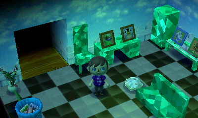 A backyard fence and chessboard rug.