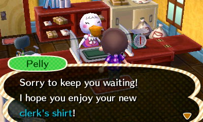 Pelly: Sorry to keep you waiting! I hope you enjoy your new clerk's shirt!