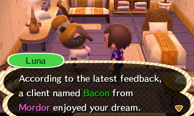 Luna: According to the latest feedback, a client named Bacon from Mordor enjoyed your dream.