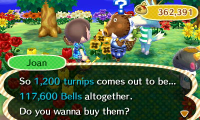 Joan: So, 1,200 turnips comes out to be 117,600 bells altogether. Do you wanna buy them?