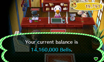 Your current balance is 14,160,000 bells.