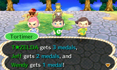 Tortimer: T Zelda gets 3 medals, Jeff gets 2 medals, and Wendy gets 1 medal!