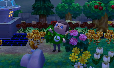 Me raising my arm as I stand next to a bush.