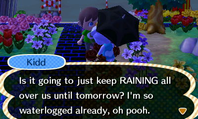 Kidd: Is it going to keep RAINING all over us until tomorrow? I'm so waterlogged already, oh pooh.