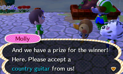 Molly: And we have a prize for the winner! Here. Please accept a country guitar from us!