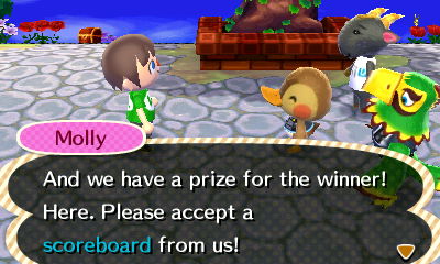 Molly: And we have a prize for the winner! Here. Please accept a scoreboard from us!