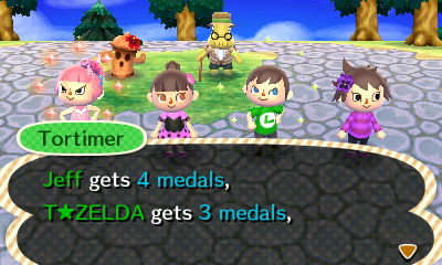 Tortimer: Jeff gets 4 medals, T. Zelda gets 3 medals...