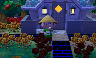 Trying on the conical straw hat.