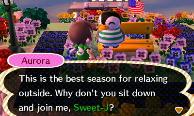 Aurora: This is the best season for relaxing outside. Why don't you sit down and join me, Sweet-J?