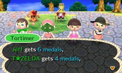 Tortimer: Jeff gets 6 medals, T. Zelda gets 4 medals.