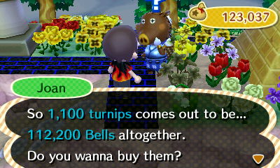 Joan: So, 1,100 turnips comes out to be... 112,200 bells altogether. Do you wanna buy them?