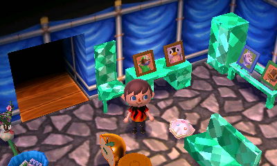 A blue tarp and slate flooring.