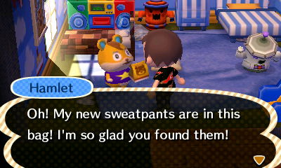 Hamlet: Oh! My new sweatpants are in the bag! I'm so glad you found them!