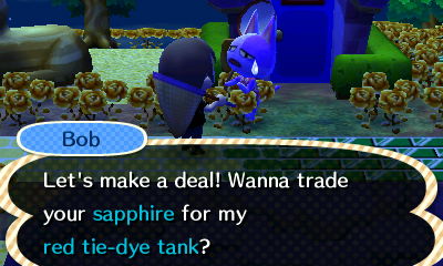 Bob: Let's make a deal! Wanna trade your sapphire for my red tie-dye tank?