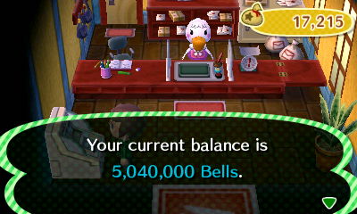 Your current balance is 5,040,000 bells.