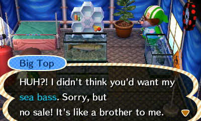 Big Top: HUH?! I didn't think you'd want my sea bass. Sorry, but no sale! It's like a brother to me!
