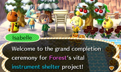 Isabelle: Welcome to the grand completion ceremony for Forest's vital instrument shelter project!