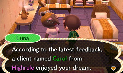 Luna: According to the latest feedback, a client named Carol from Highrule enjoyed your dream.