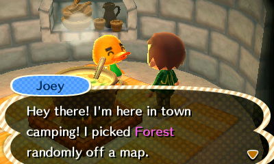 Joey: Hey there! I'm here in town camping! I picked Forest randomly off a map.