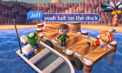 Tom swimming on the dock.