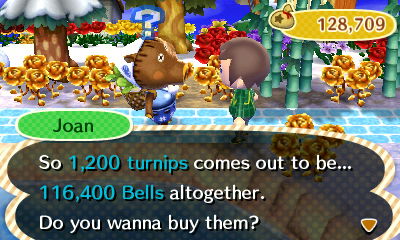 Joan: So 1,200 turnips comes out to be 116,400 bells altogether. Do you wanna buy them?