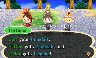 Tortimer: Jeff gets 4 medals, Tiffiny gets 2 medals, and Pelon gets 1 medal!