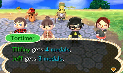 Tortimer: Tiffiny gets 4 medals, Jeff gets 3 medals.