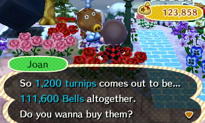Joan: So 1,200 turnips comes out to be 111,600 bells altogether. Do you wanna buy them?