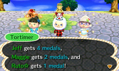 Tortimer: Jeff gets 4 medals, Maggie gets 2 medals, and Ruto gets 1 medal!