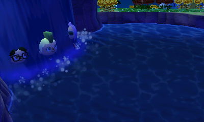 Standing under the waterfall.