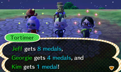 Tortimer: Jeff gets 3 medals, Georgie gets 4 medals, and Kim gets 1 medal.