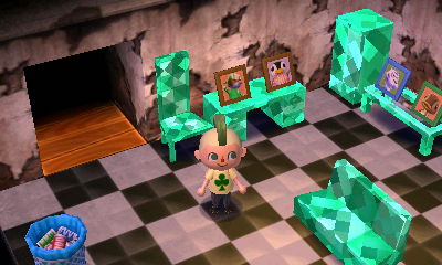 A ramshackle wall and chessboard rug.