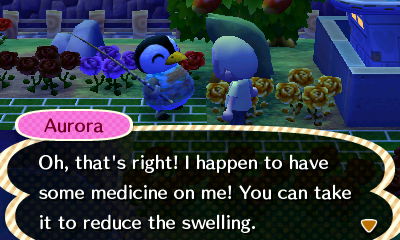 Aurora: Oh, that's right! I happen to have some medicine on me! You can take it to reduce the swelling.