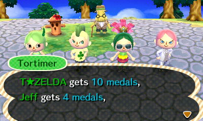 Tortimer: T Zelda gets 10 medals, Jeff gets 4 medals.