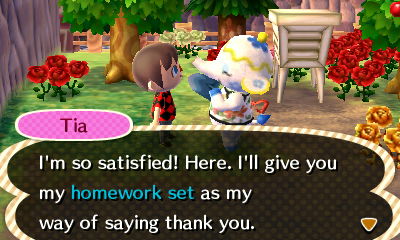 Tia: I'm so satisfied! Here. I'll give you my homework set as my way of saying thank you.