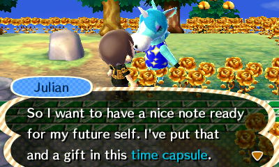 Julian: So I want to have a nice note ready for my future self. I've put that and a gift in this time capsule.