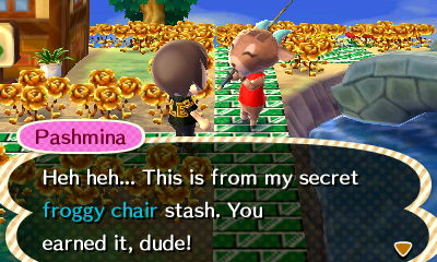 Pashmina: Heh heh... This is from my secret froggy chair stash. You earned it, dude!