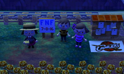 Merka, Jeff, and Squishy by the Friday Night Forest sign.