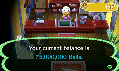 Your current balance is 75,000,000 bells.